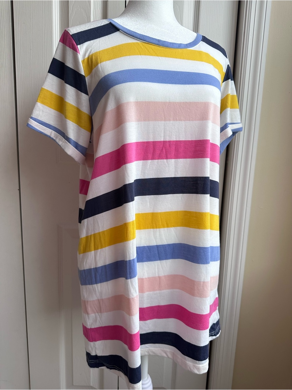 torrid Multicolor Striped Short Sleeve Tee - White, Pink, Yellow, Blue, Navy